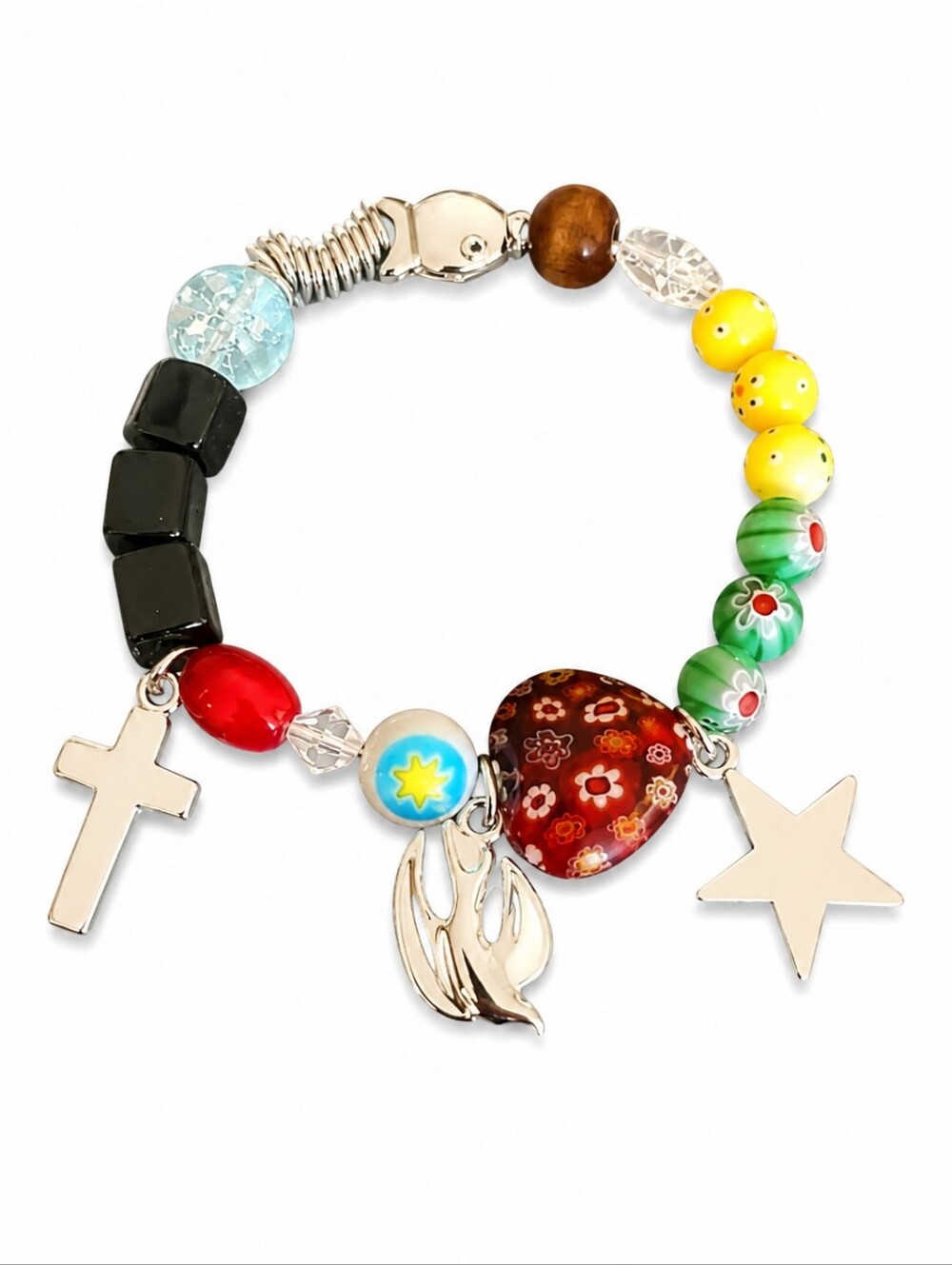 Millefiori Glass Bead Faith Cross Charm Stretch Easter Bracelet
